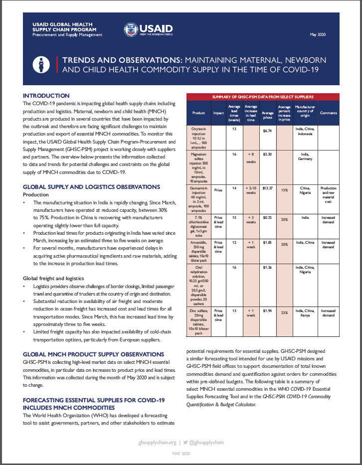 Page 1, MNCH in the time of COVID-19 fact sheet, text and table