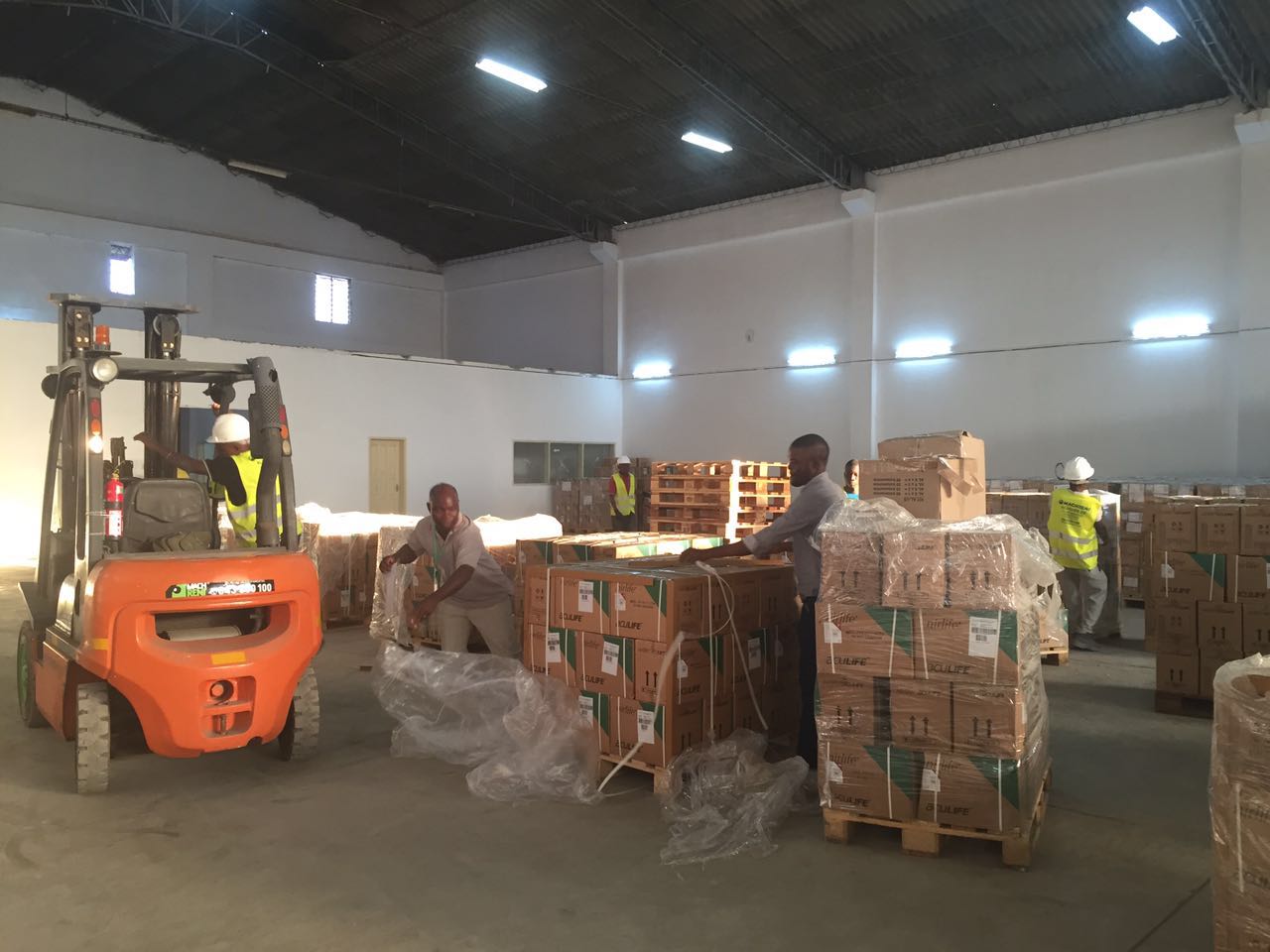 Workers move boxes in a warehouse in Mozambique.