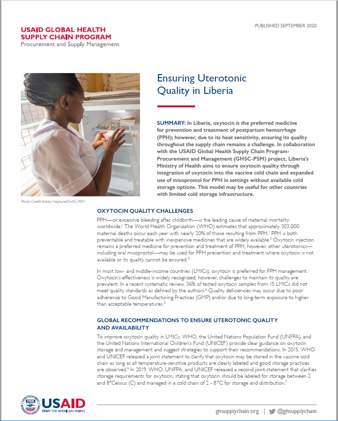 page of technical brief on Ensuring Uterotonic Quality in Liberia: text, woman holding oxytocin in front of fridge, USAID logo