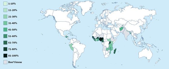 World map showing public sector FP providers at national level had the necessary training in implant and intrauterine devices insertion and removal.