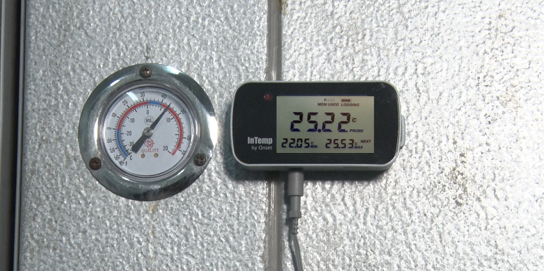 Temperature sensor installed in cold room at CENABI. Photo Credit: GHSC-PSM/Lissette Figueroa 
