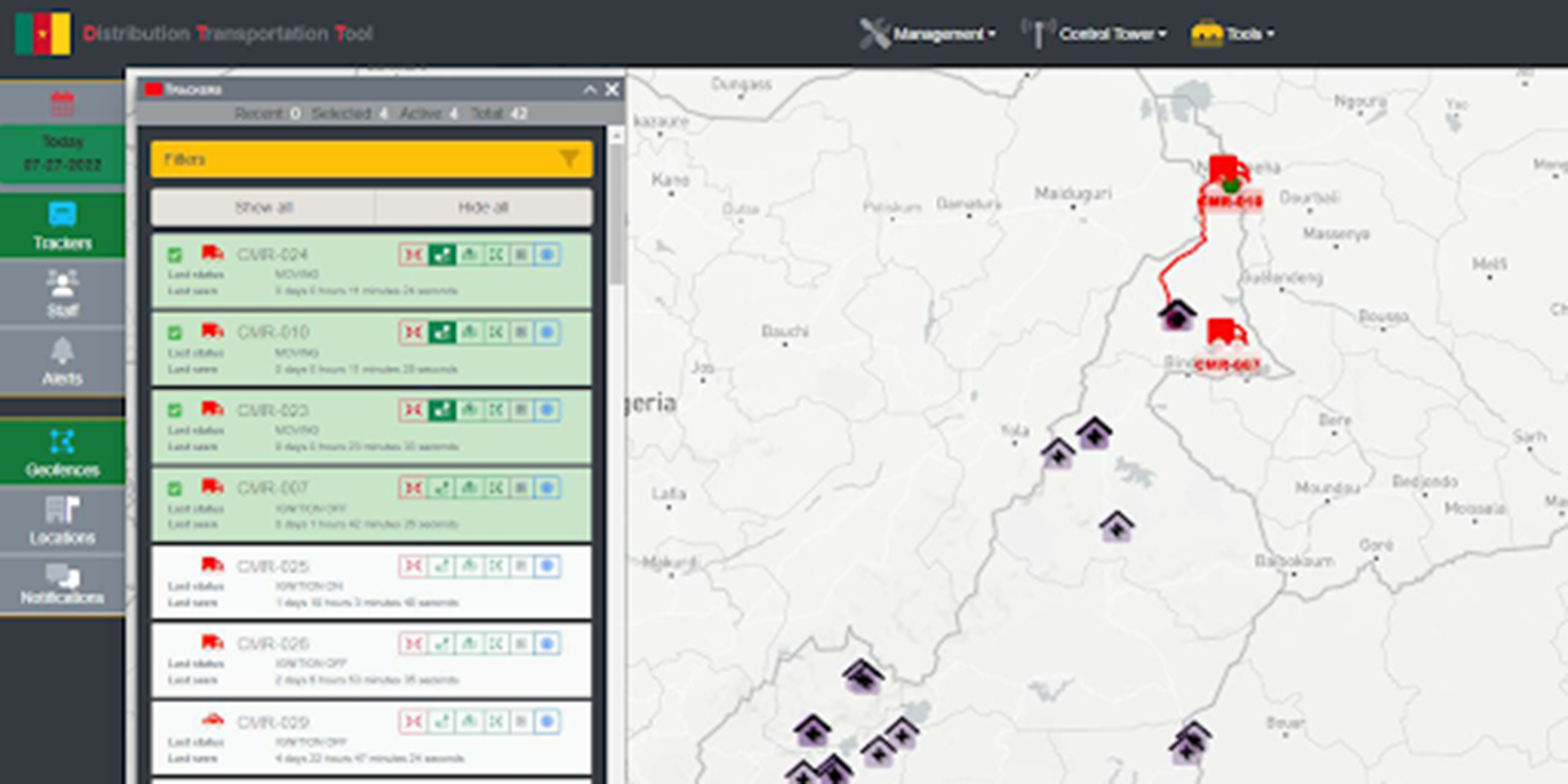 Visual mapping of 3PL delivery to health facilities using the DTT app in Cameroon